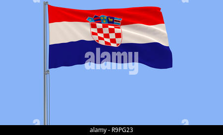 Isolate flag of Croatia on a flagpole fluttering in the wind on a blue background, 3d rendering Stock Photo