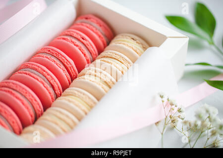 Coral and beige cakes macarons or macaroons in a white gift box. The concept of Valentines day and spring's celebrating. Stock Photo