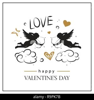 Valentine's day card with cupids. Valentine's day logo, symbol, sign, icon. Stock Vector