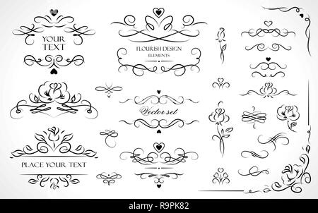 Set of flourish frames, borders, labels. Collection of original design elements. Vector calligraphy swirls, swashes, ornate motifs and scrolls. Stock Vector