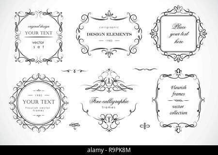 Set of flourish frames, borders, labels. Collection of original design elements. Vector calligraphy swirls, swashes, ornate motifs and scrolls. Stock Vector