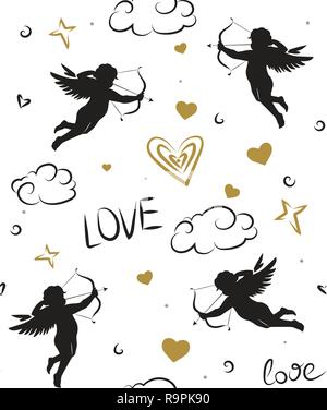 Seamless romantic pattern with cupids. Love symbols, signs, icons. Valentine's day or wedding background. Stock Vector