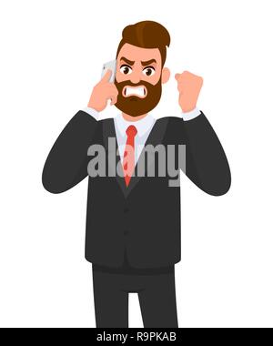 Angry, frustrated businessman talking on the mobile phone and raising fist. Evil, negative, bad facial expression. Human emotion concept vector. Stock Vector