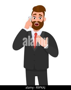 Shocked businessman talking on the smart phone and holding hand on chest. Unbelievable news. Human emotion and body language concept illustration. Stock Vector
