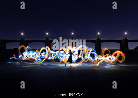 Night Time Unique Light Painted Imagery With Color and Fire Stock Photo