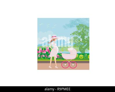 Beautiful pregnant woman pushing a stroller with her daughter Stock Vector