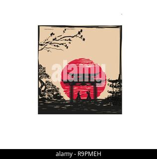 Japanese Samurai fighters silhouette on Asian landscape Stock Vector