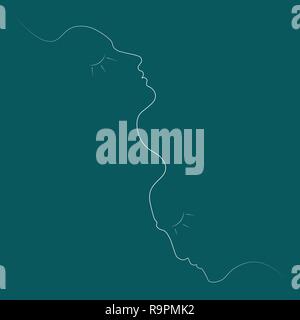 Two people silhouettes drawn with one line. Simple vector illustration. Separate on a colored background. Stock Vector
