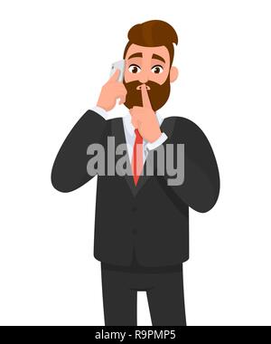 Businessman talking on the cell phone and asking silence. Shh. Keep quiet. Silence please! Silent. Human emotion and body language concept. Stock Vector