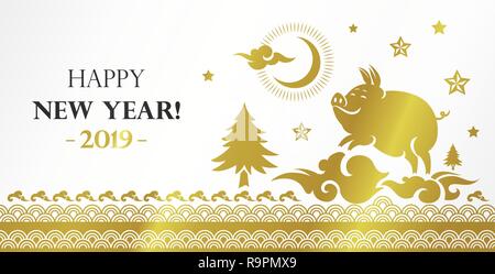 Happy Chinese new year 2019. Year of the Pig. Vector template for greetings card, flyer, calendar, invitation, poster, brochure and banner. Stock Vector