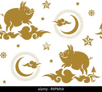 Seamless pattern with golden pig. New year vector background. Stock Vector