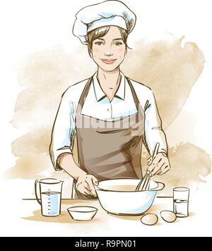 Smiling and happy female chef. Woman chef is cooking with whisk. Hand drawn vector illustration on artistic watercolor background. Stock Vector