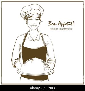 Smiling and happy female waitstaff. Girl with chef's hat is holding a restaurant cloche. Hand drawn vector illustration. Stock Vector