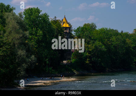Landsberg am Lech, Germany. August 22, 2018. Mutterturm tower and river Lech with a beach Stock Photo