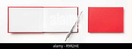 Design concept - Top view of red hardcover notebook and pencil isolated on background for mockup Stock Photo