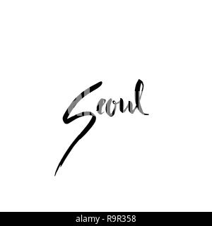 Seoul, Korea. Typography dry brush lettering design. Hand drawn calligraphy poster. Vector illustration. Stock Vector