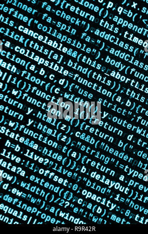 Javascript functions, variables, objects. Monitor closeup of function source code. IT specialist workplace. Big data and Internet of things trend. HTM Stock Photo