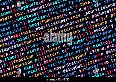 Javascript functions, variables, objects. Monitor closeup of function source code. IT specialist workplace. Big data and Internet of things trend. HTM Stock Photo