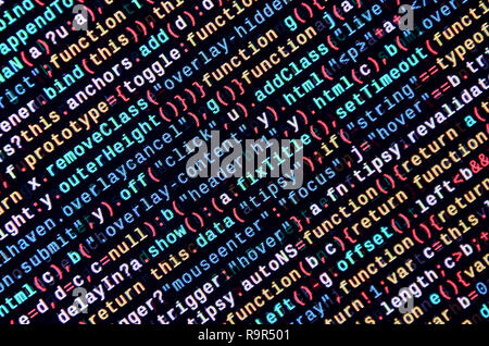 Javascript functions, variables, objects. Monitor closeup of function source code. IT specialist workplace. Big data and Internet of things trend. HTM Stock Photo