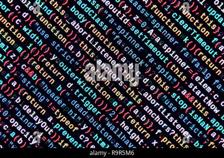 Javascript functions, variables, objects. Monitor closeup of function source code. IT specialist workplace. Big data and Internet of things trend. HTM Stock Photo