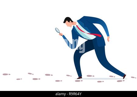 businessman doing a detective job searching a clue through a looking glass. Business concept vector illustration. Stock Vector