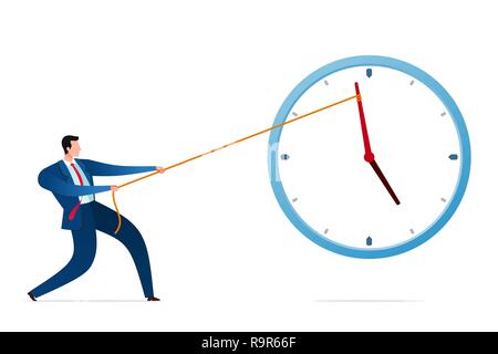 Businessman put his strength to stop the time and deadline. Business concept vector illustration. Stock Vector