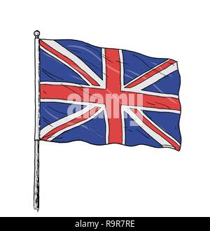 Flag of United Kingdom coloured drawing - vintage like illustration of British flag - Union Jack. Contour on white background. Stock Vector