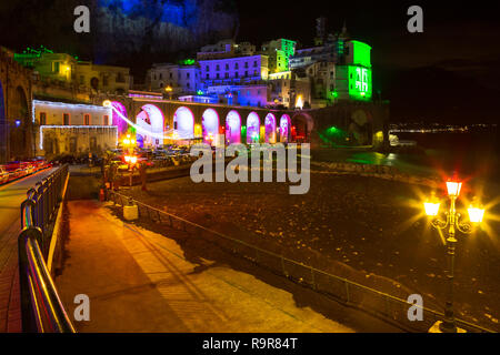 ATRANI, ITALY - DECEMBER 8, 2018: colored lights to celebrate Christmas in Atrani night, southern Italy Stock Photo