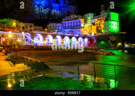 ATRANI, ITALY - DECEMBER 8, 2018: colored lights to celebrate Christmas in Atrani night, southern Italy Stock Photo