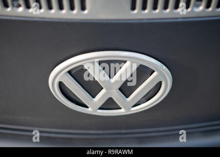 Volkswagen VW badge on the front of a campervan. Stock Photo