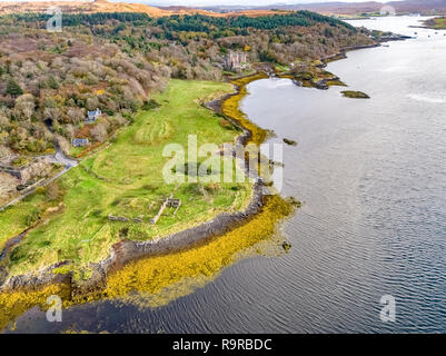 Aerial autumn view of Dunvegan Castle, Isle of Skye - Aerial Stock Photo