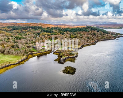 Aerial autumn view of Dunvegan Castle, Isle of Skye - Aerial Stock Photo