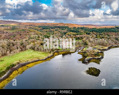 Aerial autumn view of Dunvegan Castle, Isle of Skye - Aerial Stock Photo