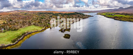 Aerial autumn view of Dunvegan Castle, Isle of Skye - Aerial Stock Photo