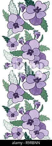 Vector Vertical seamless border with purple pansy and green leaves. Stock Vector