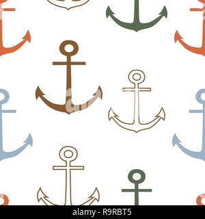 Multicolor anchors on white background vector seamless pattern. Stock Vector