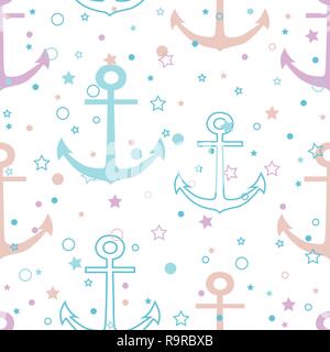 Multicolor pastel anchors on white background vector seamless repeat pattern. Stock Vector