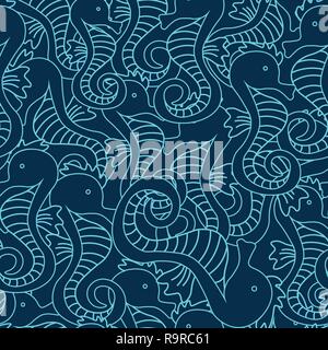 Vector seamless pattern with seahorse on navy blue background. Hippocampus background Stock Vector