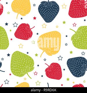 Seamless vector pattern with colorful strawberries and tiny stars. Stock Vector