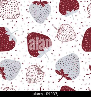 Seamless vector pattern with red and silver strawberries and tiny hearts. Stock Vector