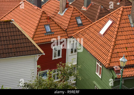colorful traditional houses with red roof , Bergen, Norway Stock Photo