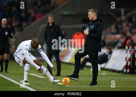 Leroy Fer of Swansea city (l) tries to get the ball back from Dean Smith, the manager of Aston Villa in his technical area. EFL Skybet championship match, Swansea city v Aston Villa at the Liberty Stadium in Swansea, South Wales on Boxing day, Wed 26th December 2018. this image may only be used for Editorial purposes. Editorial use only, license required for commercial use. No use in betting, games or a single club/league/player publications. pic by Andrew Orchard/Andrew Orchard sports photography/Alamy Live news Stock Photo