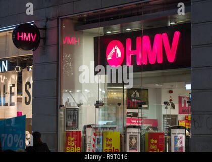 Glasgow, UK. 28th December 2018. 'Another One Bites The Dust'.  It's ironic that retail giant HMV used to sell Queens no.1 hit in massive numbers.  Now the tides have turned and the writing is on the wall as it has been confirmed HMV is to call in administrators after being battered by 'extremely weak' Christmas trading on the high street and a collapse in demand for CDs and DVDs.  This will be the second time in six years that the retail giant has had to call in administrators putting almost 2200 jobs at risk.  HMV Argyle Street Store, Glasgow.  Credit: Colin Fisher/Alamy Live News Stock Photo