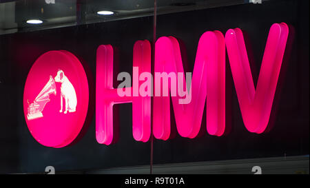 Glasgow, UK. 28th December 2018. 'Another One Bites The Dust'.  It's ironic that retail giant HMV used to sell Queens no.1 hit in massive numbers.  Now the tides have turned and the writing is on the wall as it has been confirmed HMV is to call in administrators after being battered by 'extremely weak' Christmas trading on the high street and a collapse in demand for CDs and DVDs.  This will be the second time in six years that the retail giant has had to call in administrators putting almost 2200 jobs at risk.  HMV Argyle Street Store, Glasgow.  Credit: Colin Fisher/Alamy Live News Stock Photo