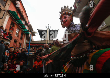 (181229) -- BEIJING, Dec. 29, 2018 (Xinhua) -- A masked dancer performs during Navadurga Festival in Bhaktapur, Nepal, on Dec. 28, 2018.  (Xinhua/Sulav Shrestha) XINHUA PHOTOS OF THE DAY Stock Photo