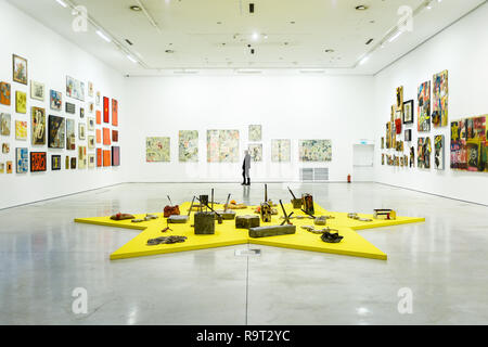 Krakow, Poland. 28th Dec, 2018. A general view of an art installation representing the David's star, part of Boris Lurie Pop-art after the Holocaust exhibition. Boris Lurie (1924-2008) is an American artist of Jewish origin who was born in Leningrad (today St. Petersburg). In August 1941, the Germans began deporting the local Jewish population to the ghetto in Riga, where Boris Lurie spent his childhood. His Grandmother, mother, sister and beloved were shot in a forest near Rumbuli in the Riga suburbs in December 1941. his work is closely related to this experience during the Holocaust. Stock Photo