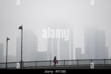 Frankfurt am Main, Germany. 29th Dec 2018. A walker walks across the raft bridge within sight of the bank towers wrapped in fog. Photo: Arne Dedert/dpa Credit: dpa picture alliance/Alamy Live News Stock Photo