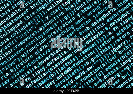 Writing programming code on laptop. Digital binary data on computer screen. Project managers work new idea. Software engineer at work. Software abstra Stock Photo