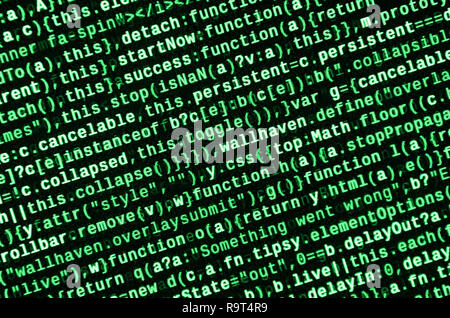 Javascript functions, variables, objects. Monitor closeup of function source code. IT specialist workplace. Big data and Internet of things trend. HTM Stock Photo