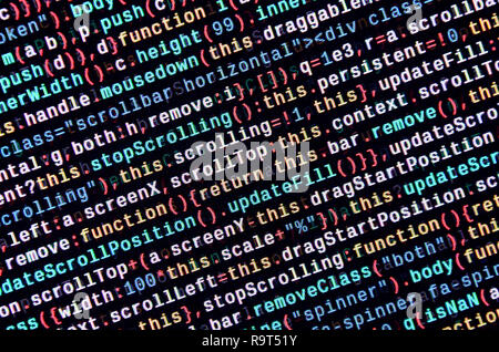 Javascript functions, variables, objects. Monitor closeup of function source code. IT specialist workplace. Big data and Internet of things trend. HTM Stock Photo